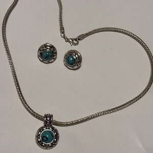 Gorgeous Vintage Roman Signed Faux Turquoise Silver -Tone 18" Necklace /Earrings